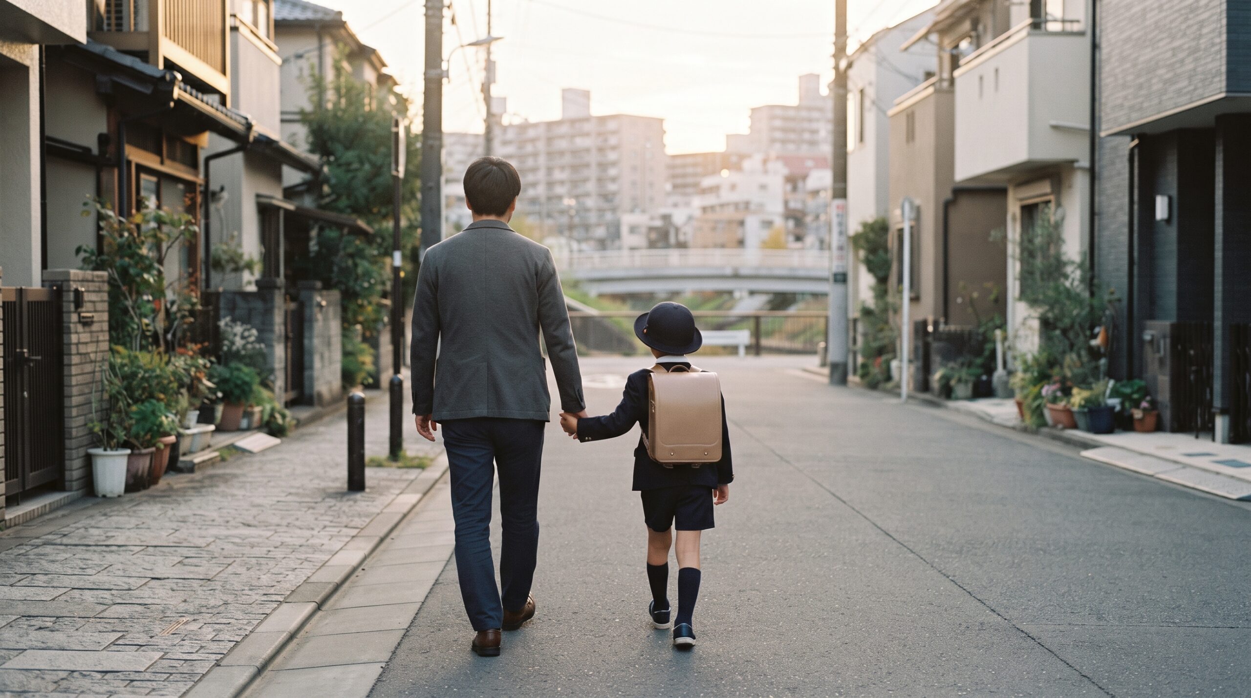 夕方の光の中、保護者と子どもが手をつないで穏やかに歩く後ろ姿のイメージ