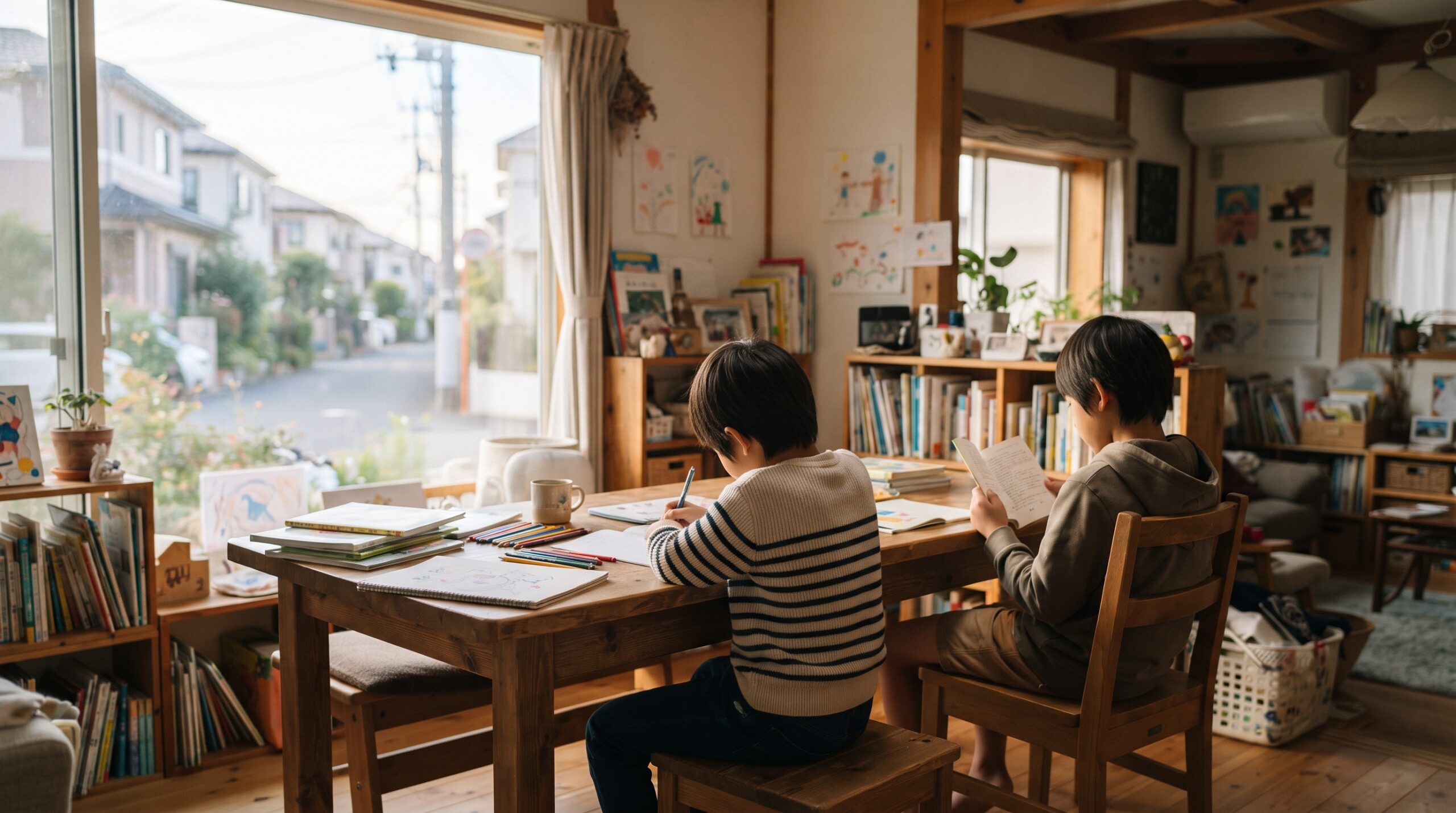 千葉県船橋市の住宅街にある、自然光が差し込むフリースクールの居場所で自分のペースで過ごす子どもたちのイメージ