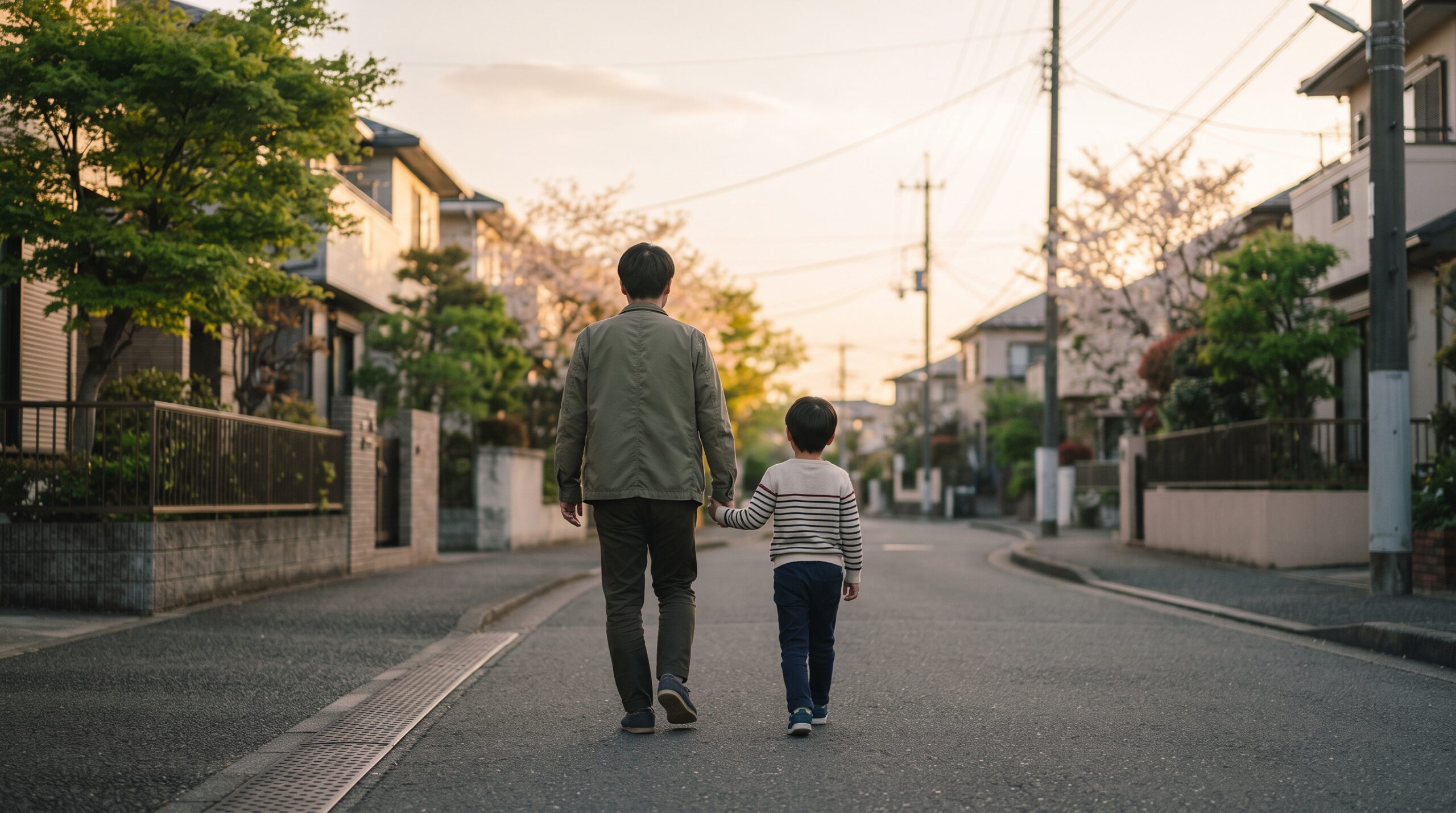夕方の光の中、保護者と子どもが手をつないで穏やかに歩く後ろ姿のイメージ