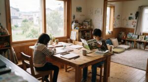 札幌市の住宅街にある、自然光が差し込むフリースクールの居場所で自分のペースで過ごす子どもたちのイメージ