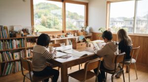 東京都八王子市の住宅街にある、緑の丘が見えるフリースクールの居場所で自分のペースで過ごす子どもたちのイメージ