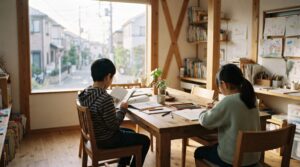 東京の住宅街にある、自然光が差し込むフリースクールの居場所で自分のペースで過ごす子どもたちのイメージ