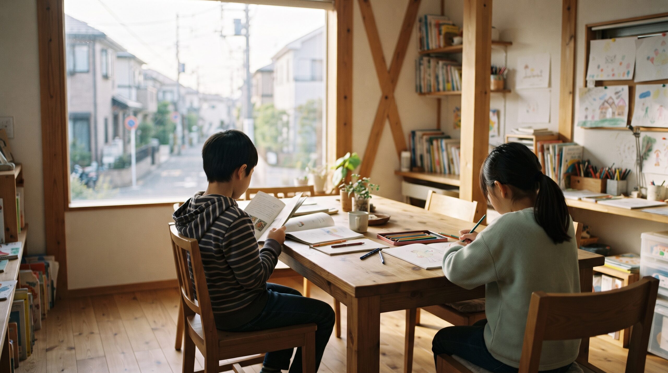 東京の住宅街にある、自然光が差し込むフリースクールの居場所で自分のペースで過ごす子どもたちのイメージ