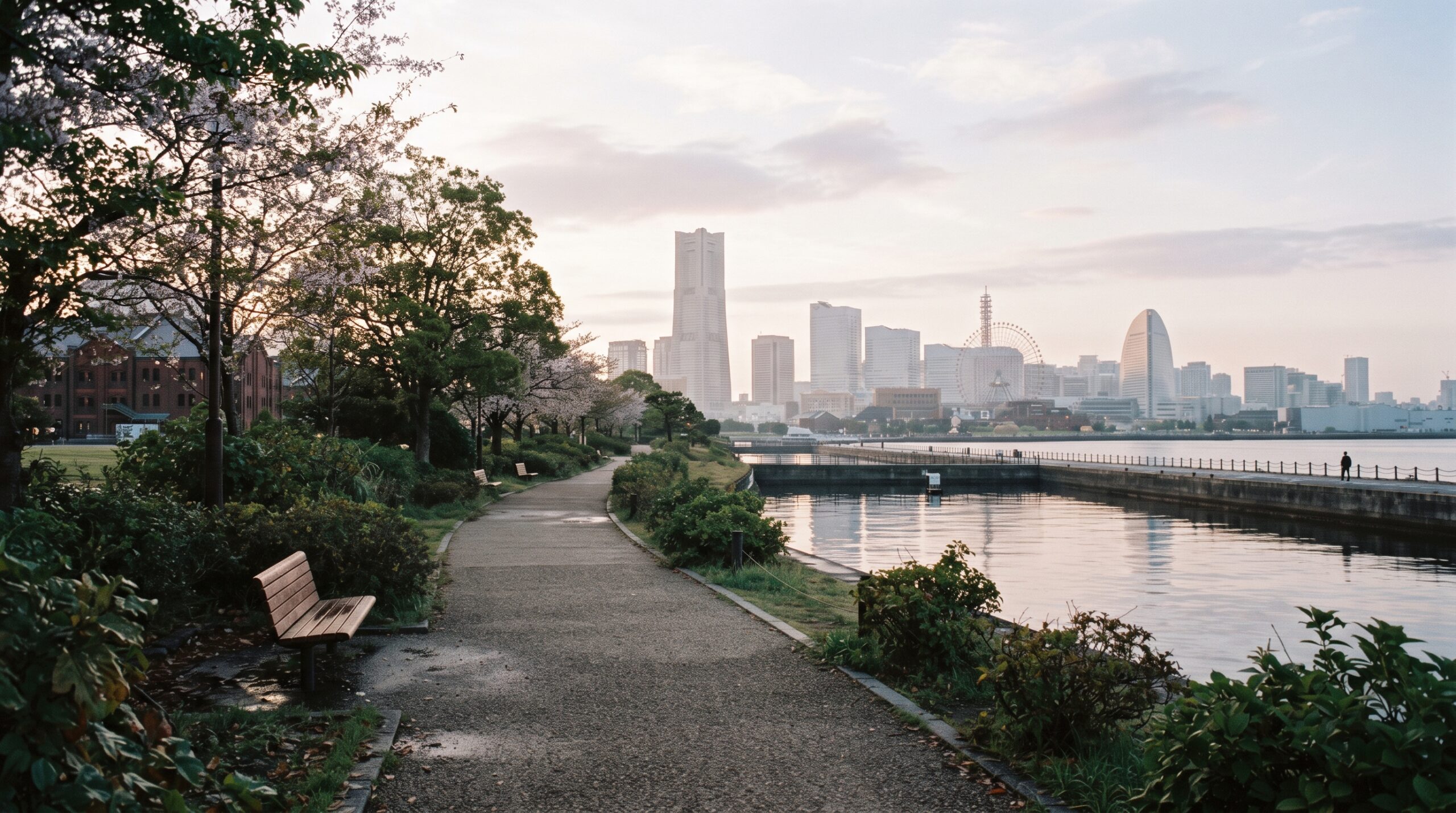 横浜のみなとみらいのような、港と街並みが遠くに見える朝の公園の風景。学校の外にも安心できる居場所があることを感じさせる
