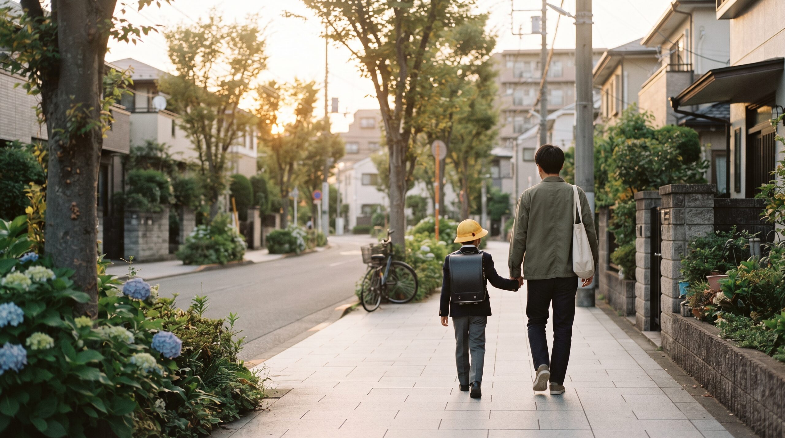 夕方の光の中、保護者と子どもが手をつないで横浜の住宅街を穏やかに歩く後ろ姿のイメージ
