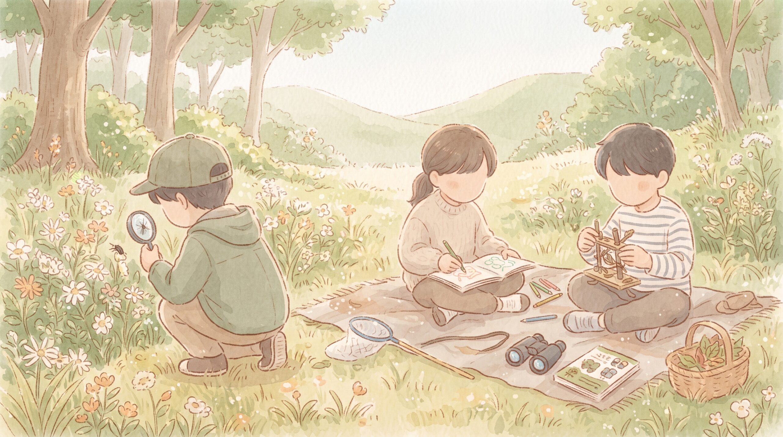 学校の外で好きなことにのびのび取り組む子どもたちのイラスト