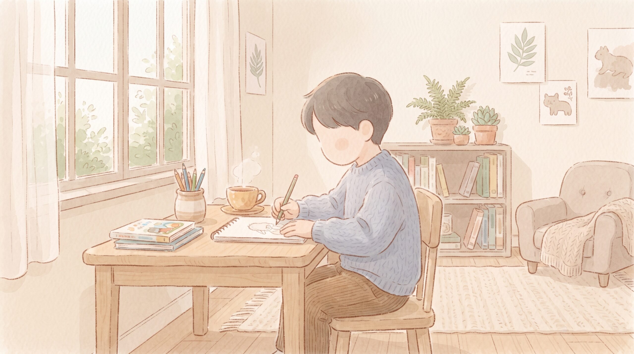 ASDの子が静かで刺激の少ない場所で自分のペースで学ぶイラスト