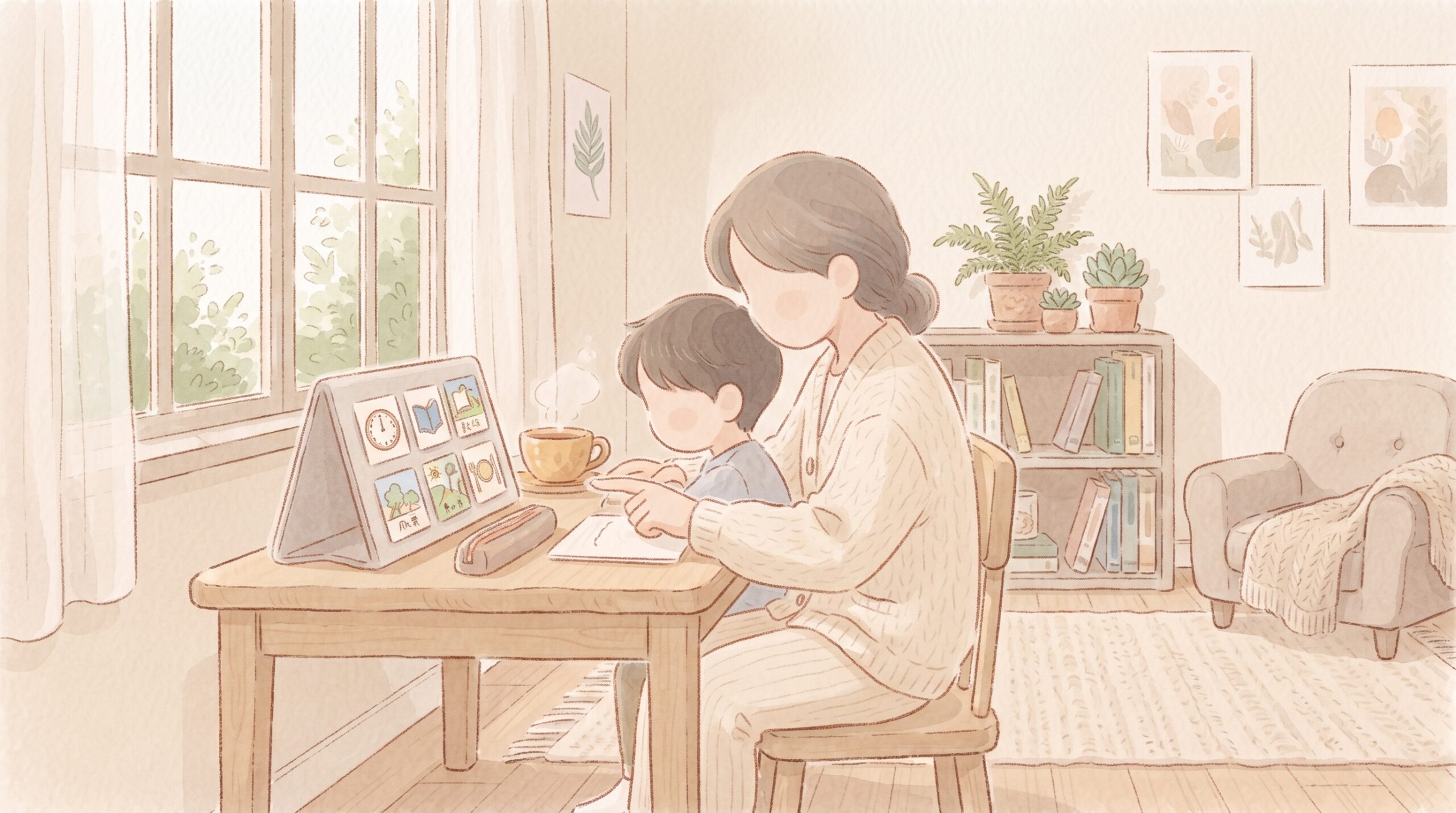ASDの子に見通しを伝えて寄り添う保護者のイラスト