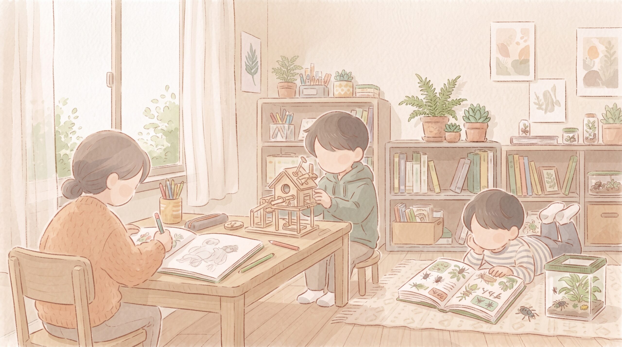 安心できる場所で好きなことにのびのび取り組む子どもたちのイラスト
