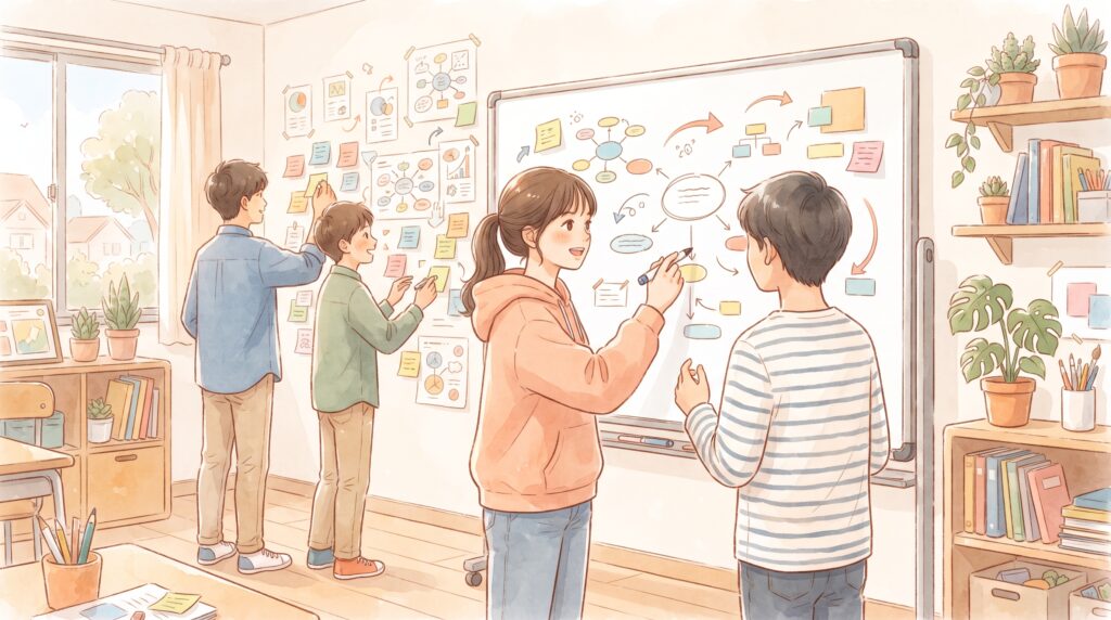 ADHDの中学生が動ける環境で短時間集中して学ぶイラスト