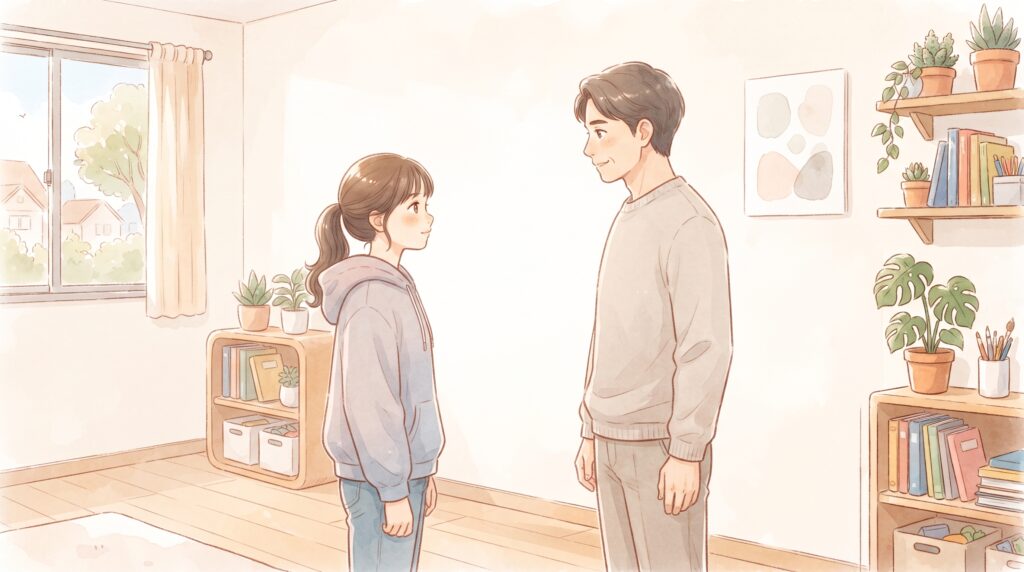 思春期の子どもと保護者が、責めずに落ち着いて向き合って話している場面