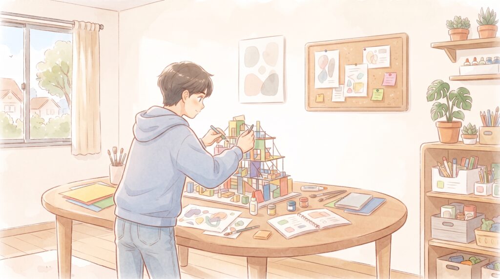 子どもが自分の部屋の机で、模型づくりに集中して取り組んでいる場面