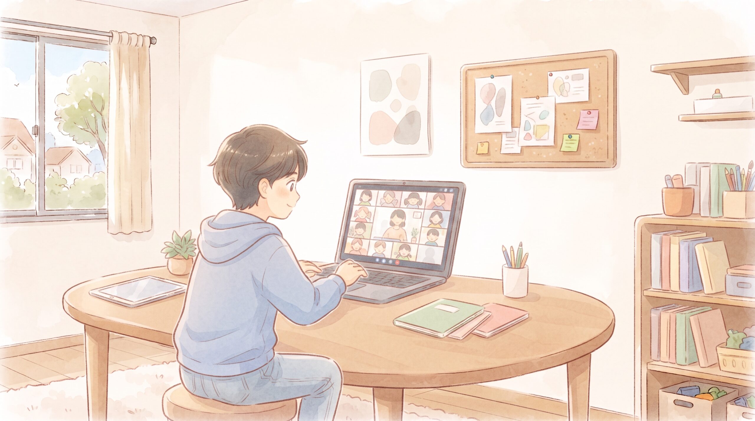 発達障害の子が自宅からオンラインでつながり学ぶイラスト