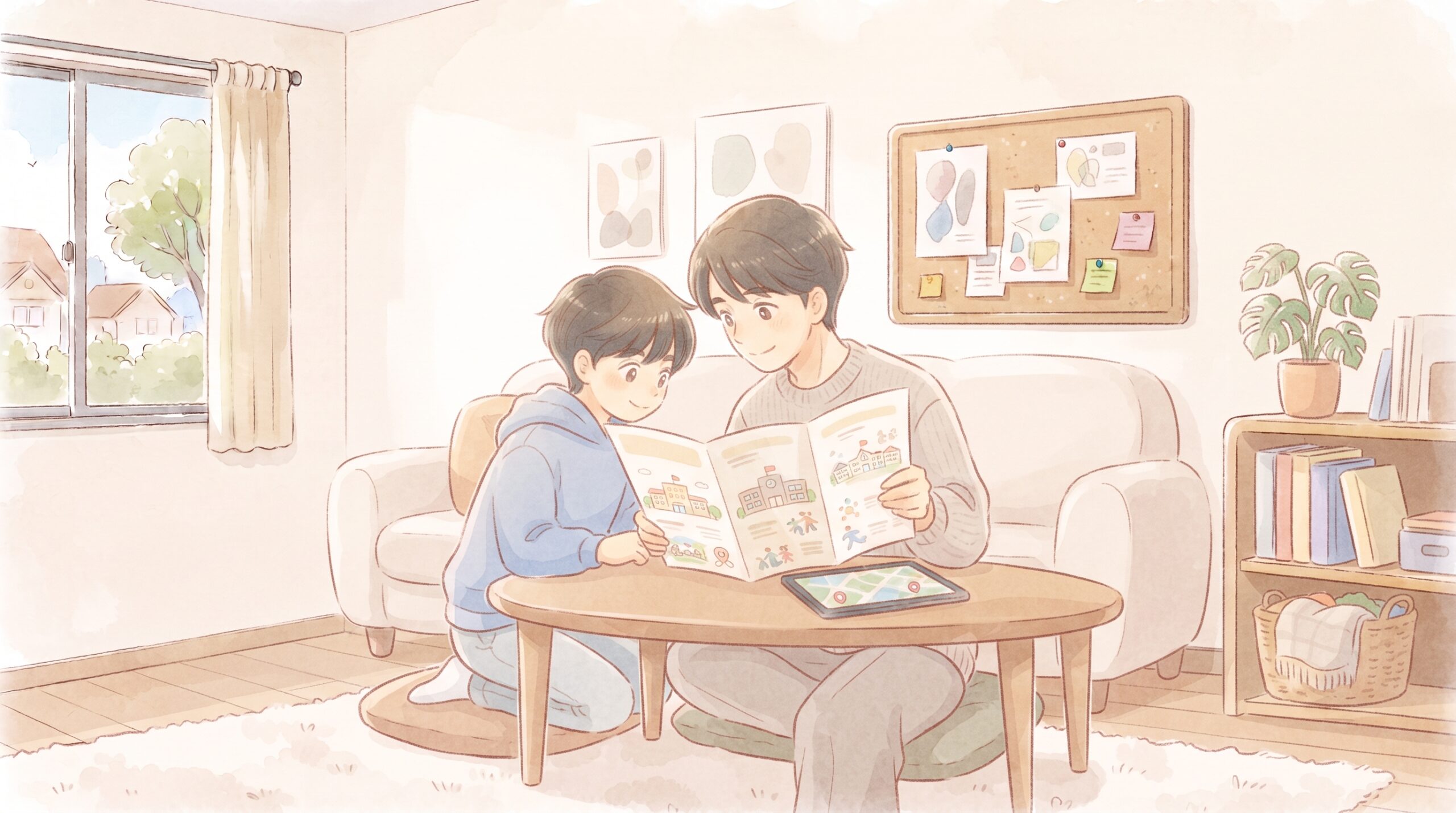 親子で一緒に子どもの居場所を探すイラスト