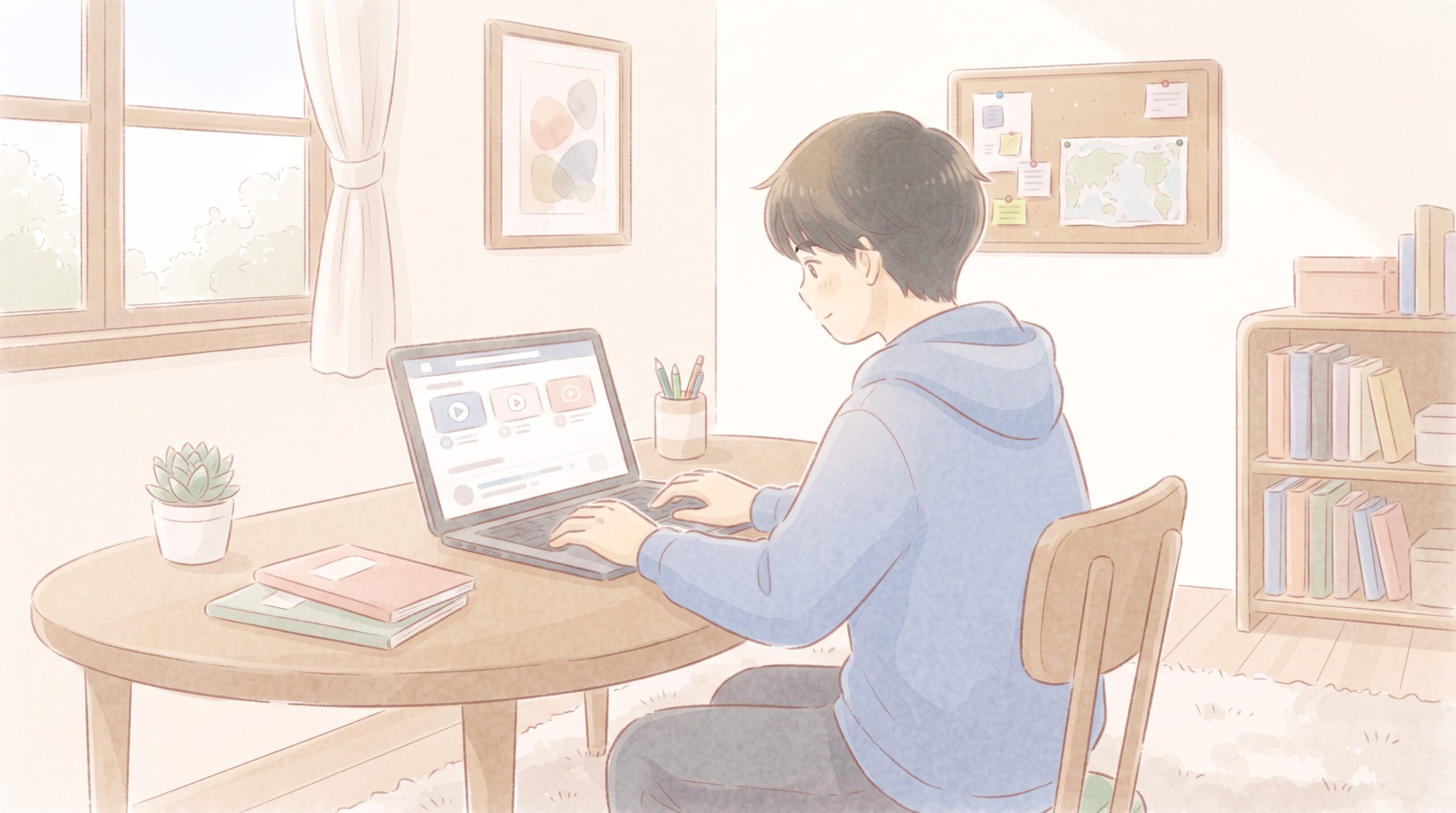 高校生が自宅で通信制・オンラインの学習に取り組むイラスト