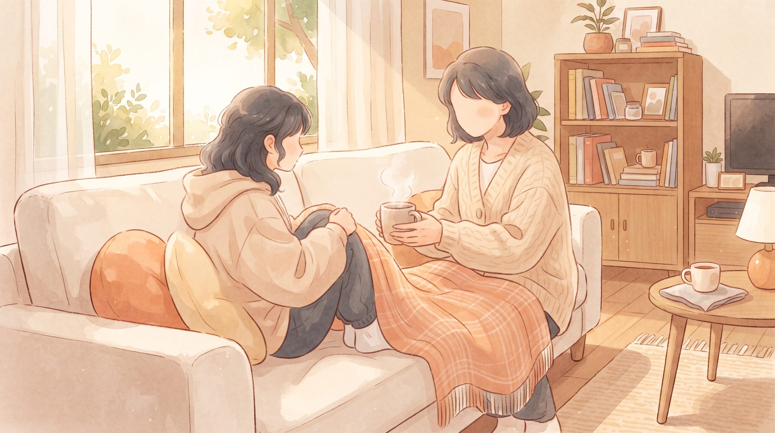 体調のすぐれない子に寄り添い温かい飲み物を渡す保護者のイラスト