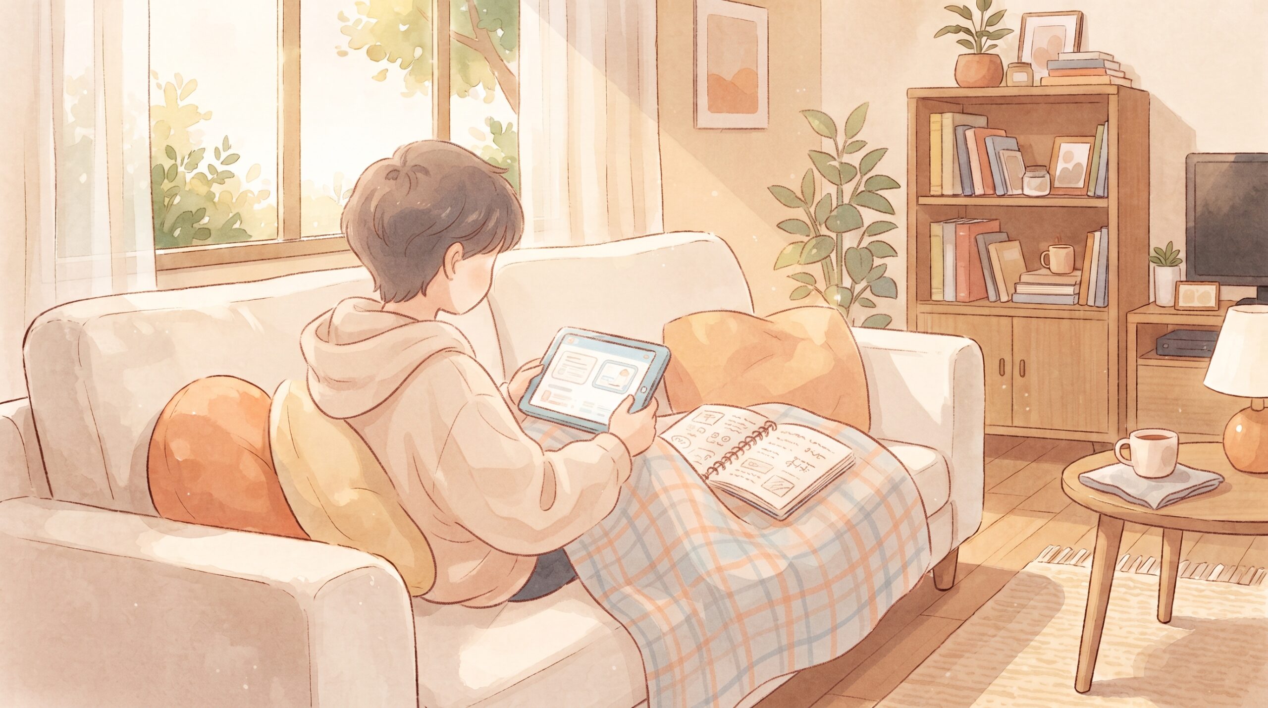 体調の良い時間帯に自宅で自分のペースで学ぶ子どものイラスト