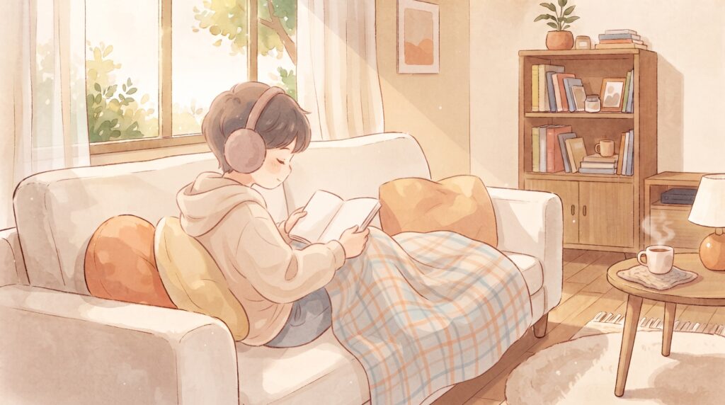 子どもがヘッドホンをつけ、刺激の少ない静かな部屋のソファで落ち着いて過ごしている場面