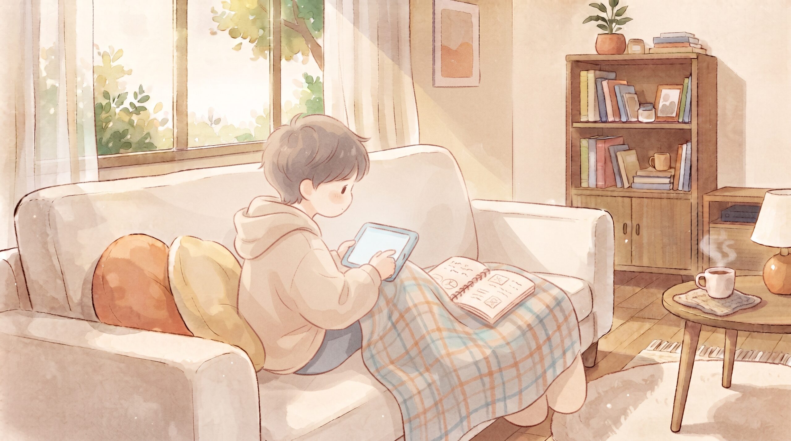 刺激の少ない自宅で安心して自分のペースで学ぶ子どものイラスト