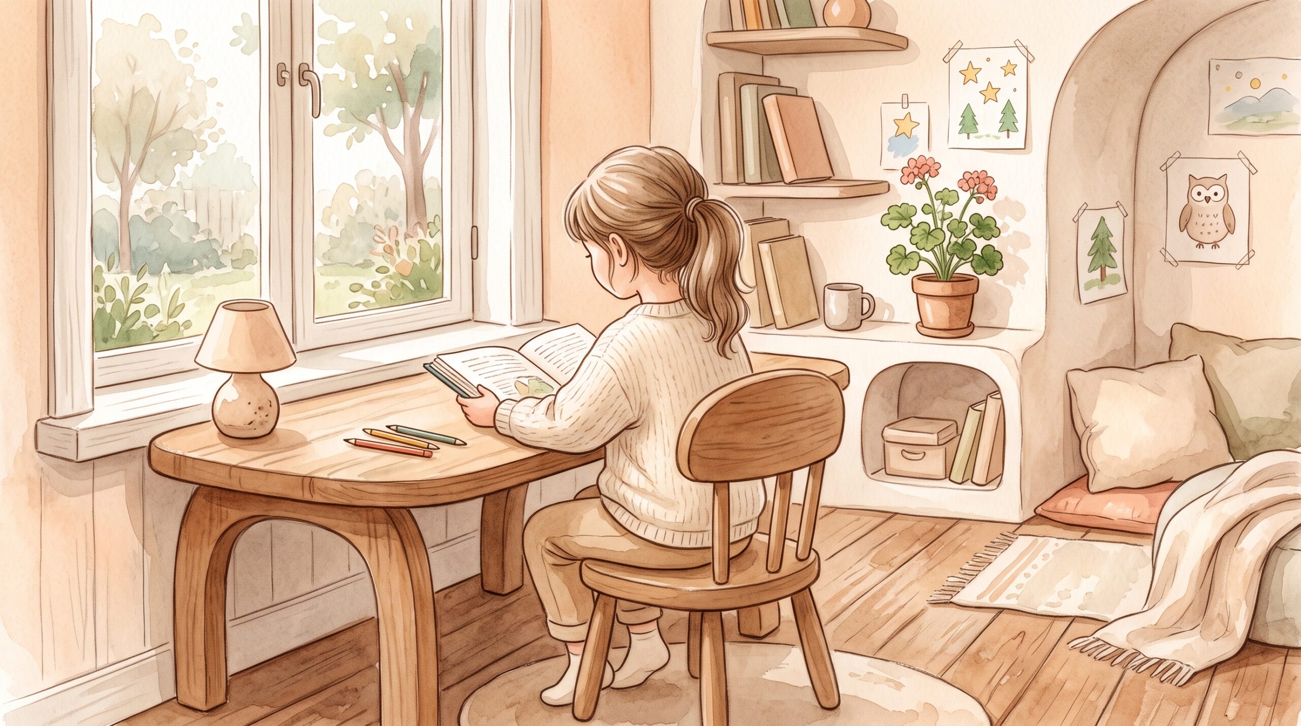 場面緘黙の子が話す圧の少ない静かな環境で安心して過ごすイラスト