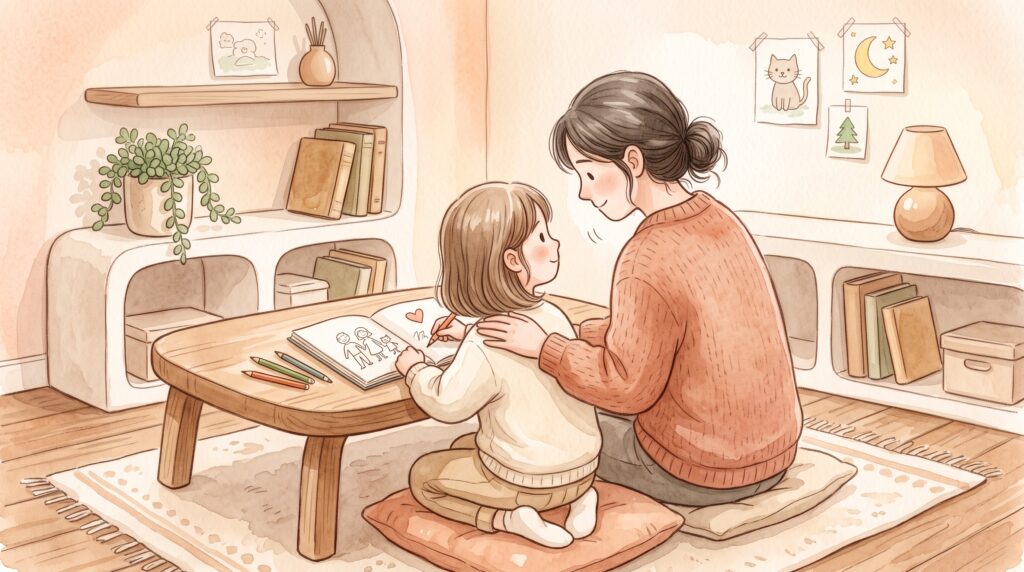 保護者が子どもの隣に座り、言葉をかけすぎずに肩に手を添えて見守っている場面