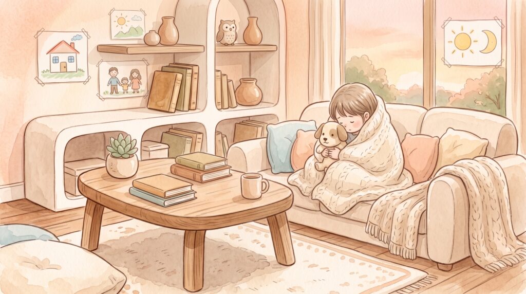 子どもが毛布にくるまり、ぬいぐるみのような犬を抱いてソファで静かに過ごしている場面