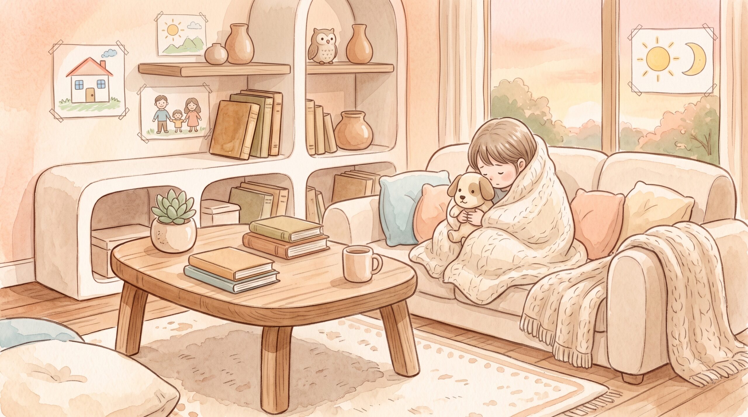 不安が強い子が家庭で安心してくつろぐイラスト
