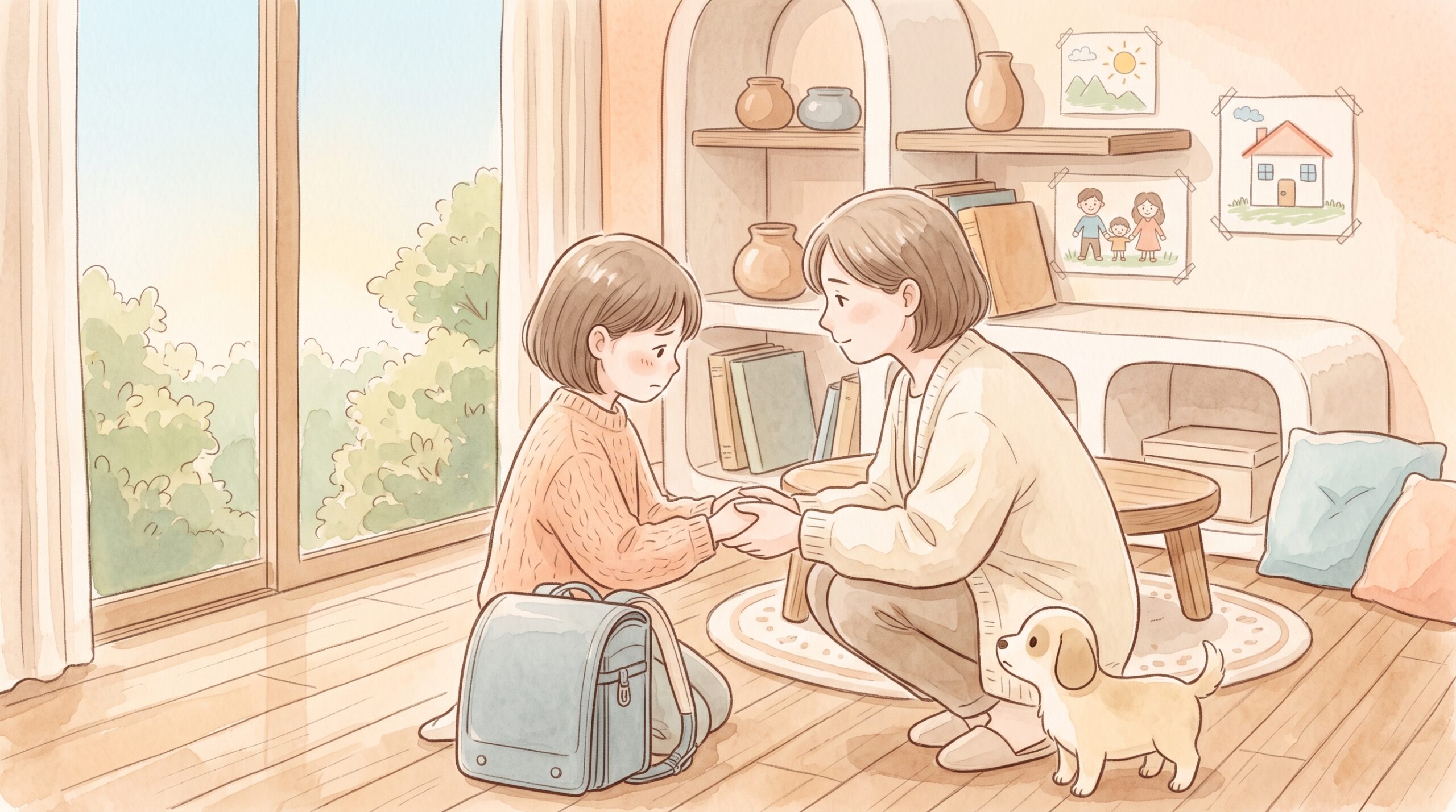 朝、子どもの不安に目線を合わせて寄り添う保護者のイラスト