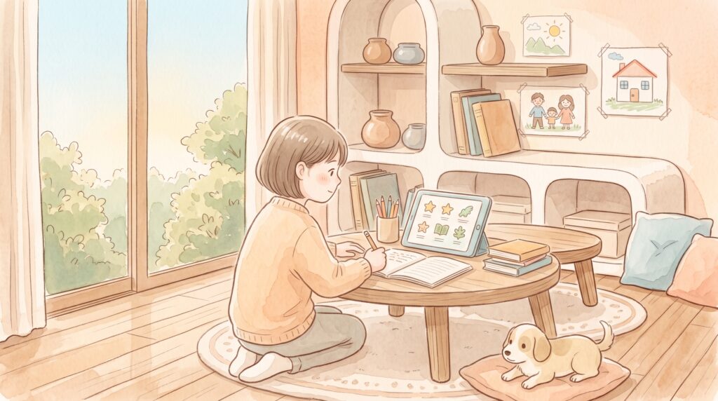子どもが自宅の机でタブレットとノートを使い、自分のペースで学んでいる場面