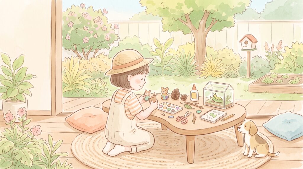 子どもが庭先の机で、好きな工作に夢中になって手を動かしている場面