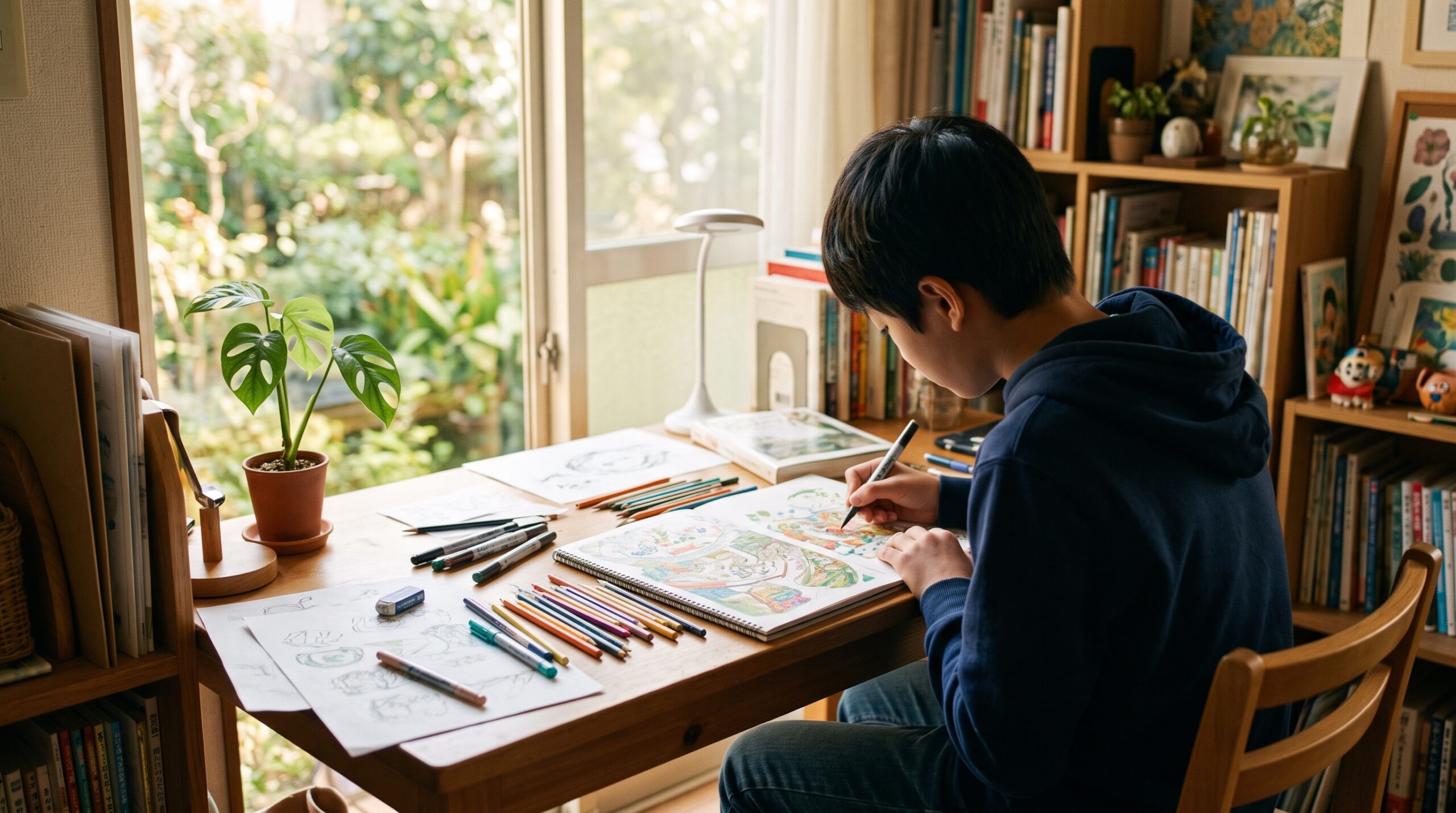 好きなことに深く没頭する子どものイメージ(特性が集中・創造として良い方向に活きる様子)