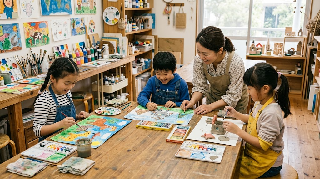 絵画・造形教室で小学生が作業台に向かって作品を制作し、先生が寄り添っている場面
