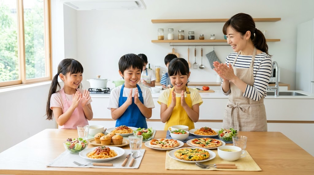 完成した料理を並べて拍手している小学生と先生のイメージ