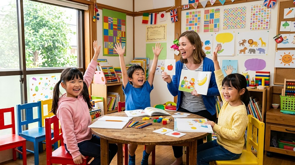 英会話教室で小学生が笑顔で手を挙げ、外国人講師が話しかけている場面