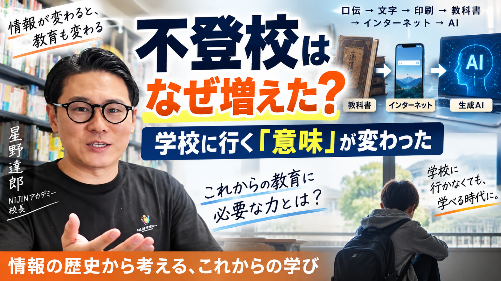`不登校が増えた理由と、情報の変化・AI時代の教育について解説する星野達郎`