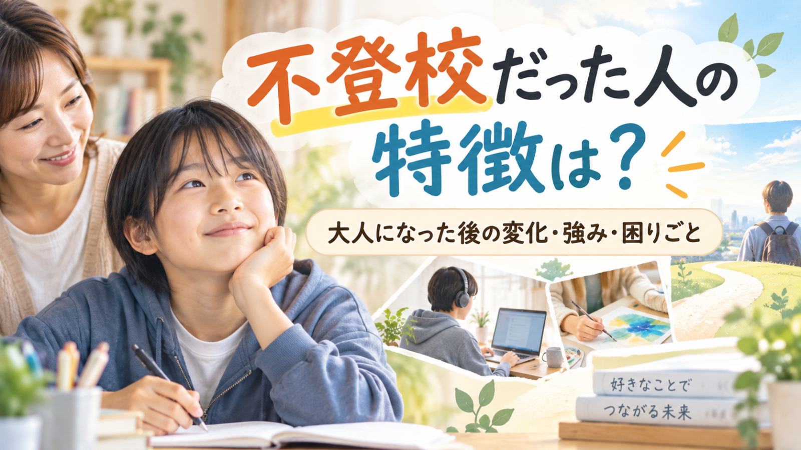 不登校だった人の特徴と大人になった後の変化・強み・困りごとをイメージした親子と学びの風景