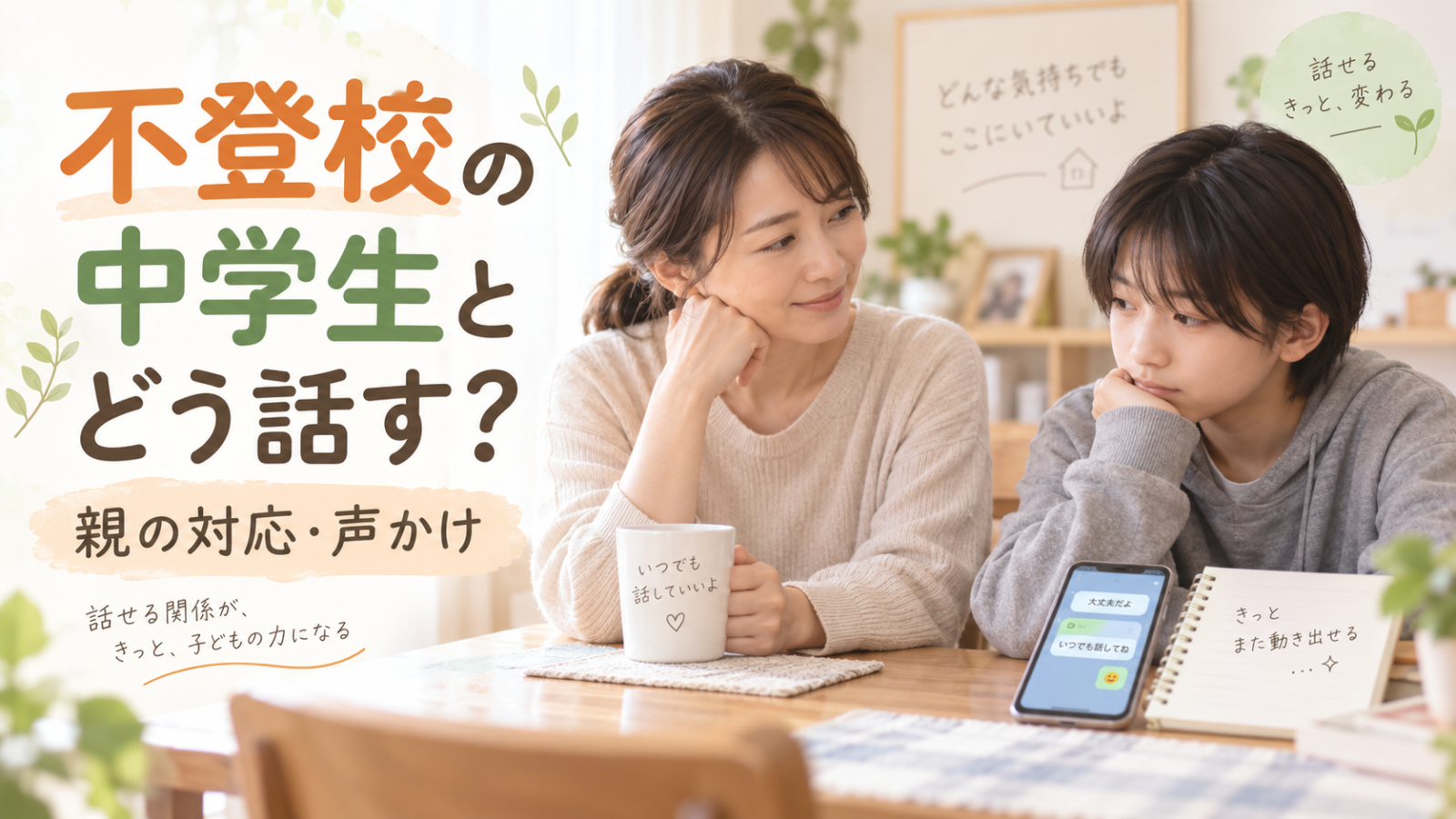 不登校の中学生とのコミュニケーションや親の対応・声かけをイメージした親子とチャットの風景
