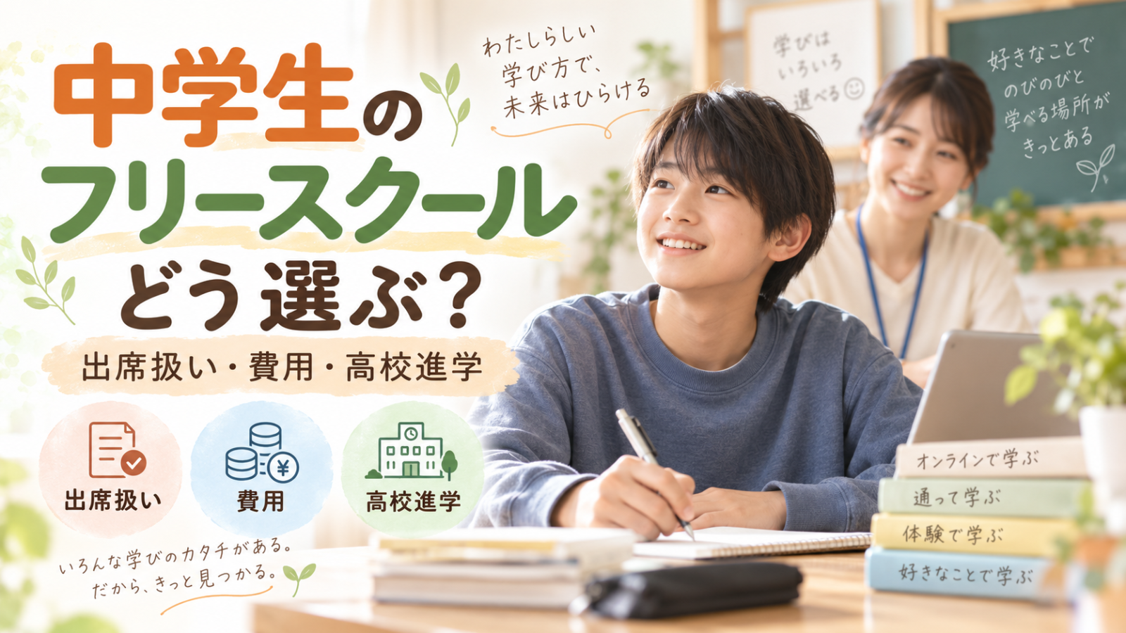 中学生のフリースクールの選び方と、出席扱い・費用・高校進学について考えるイメージ