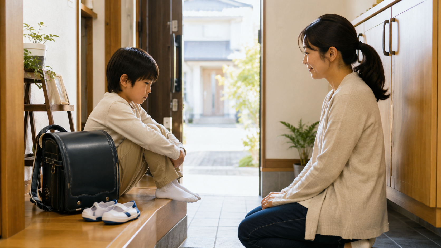 夏休み明けの朝、ランドセルを横に置いて玄関で立ち止まる小学生