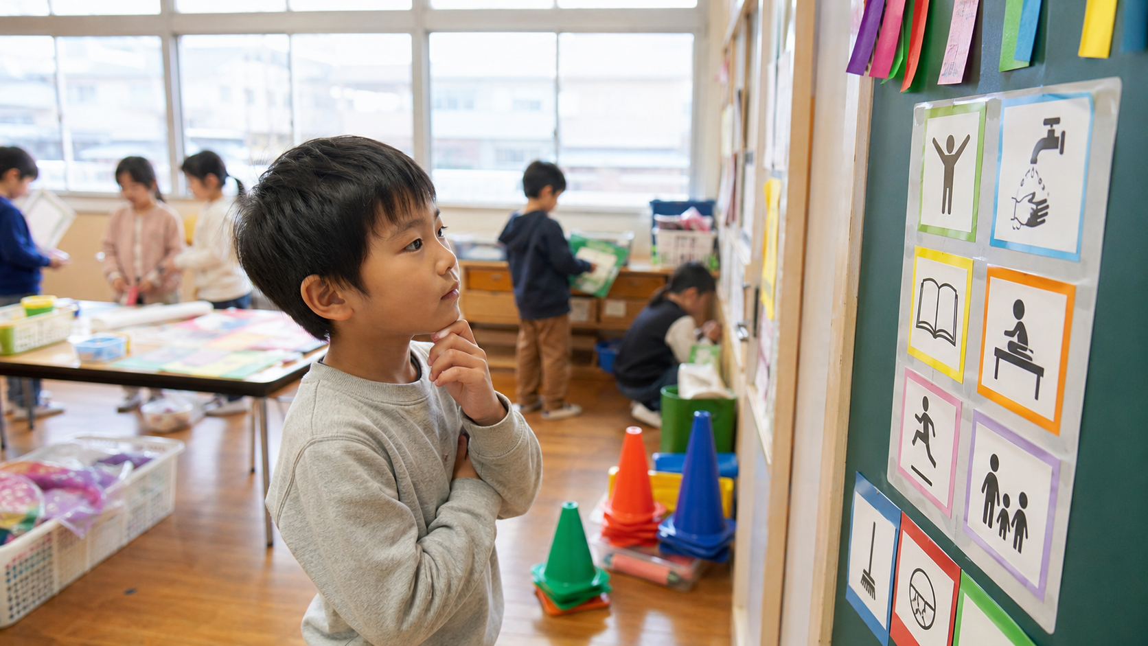 二学期の行事準備が進む教室で、絵カードの予定表を見る小学生