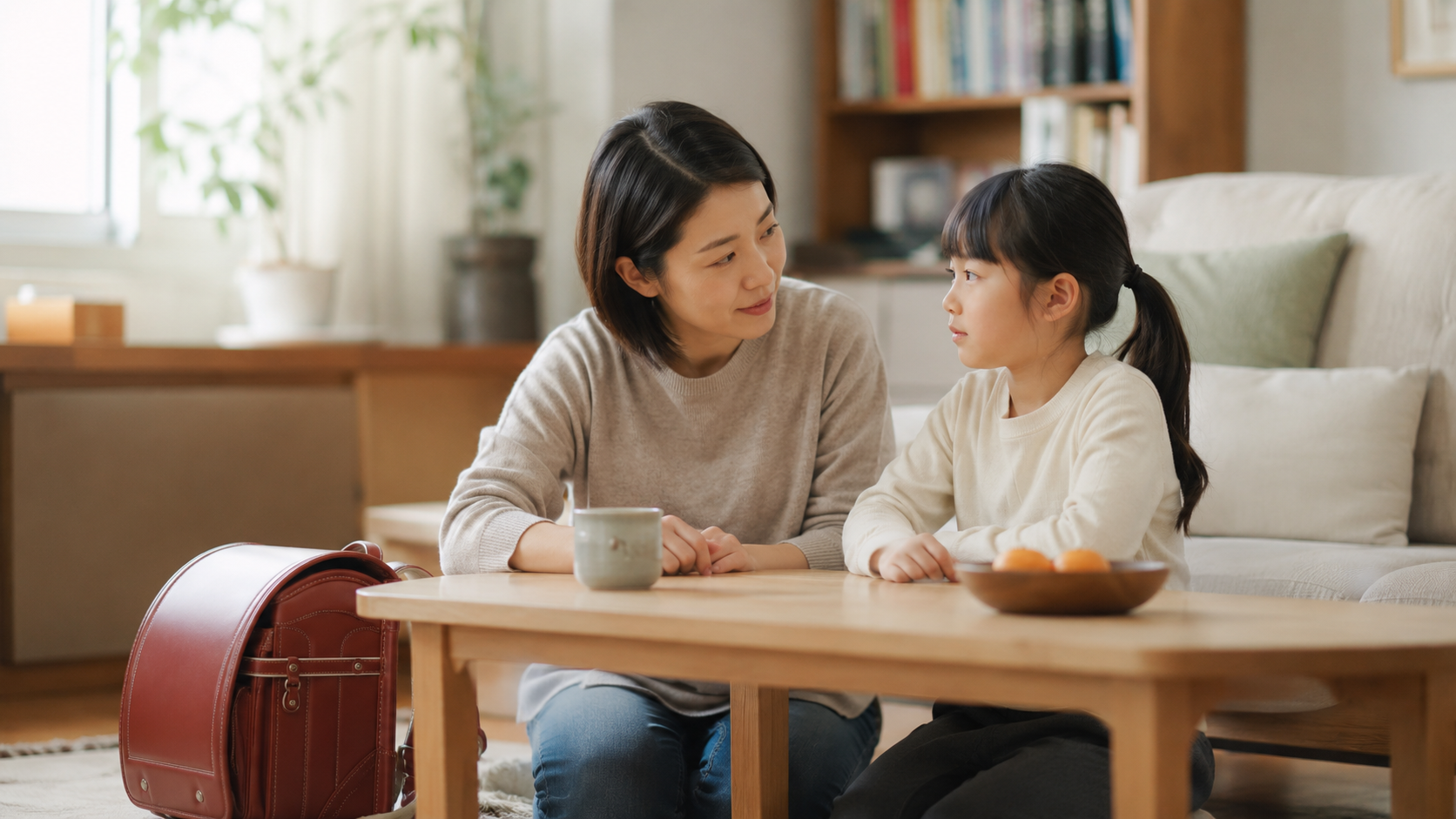学校へ行きたくない朝、子どもの隣に座って話を聞く保護者