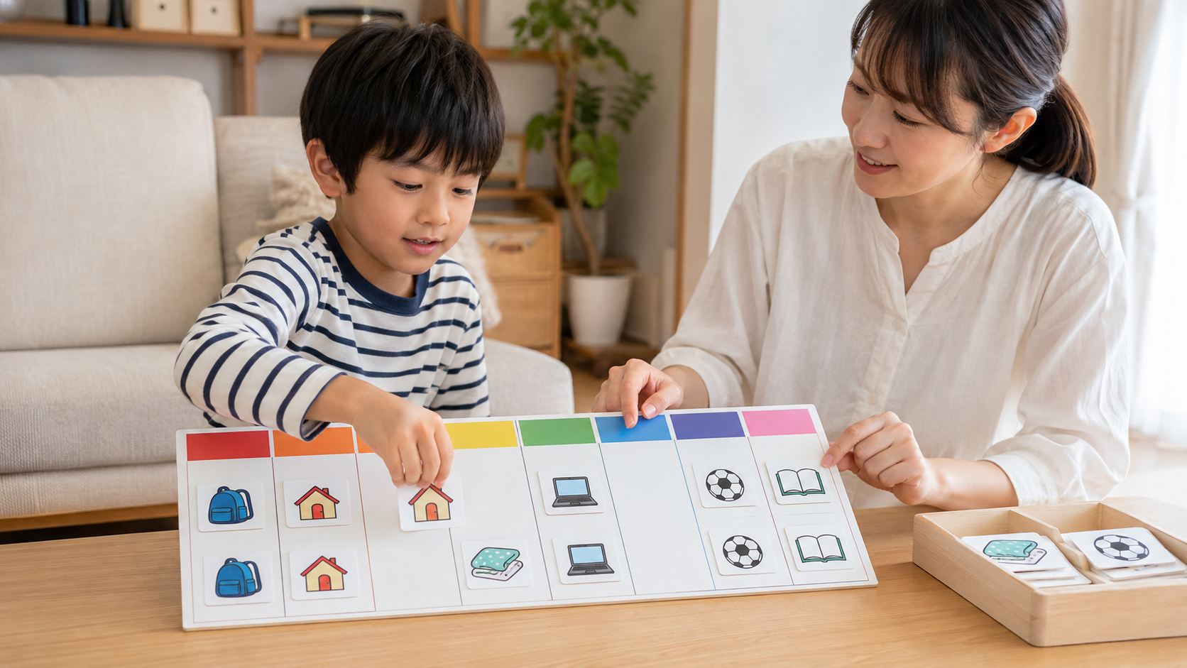 学校、休息、オンライン学習を絵カードで分けた家庭の週間予定ボード