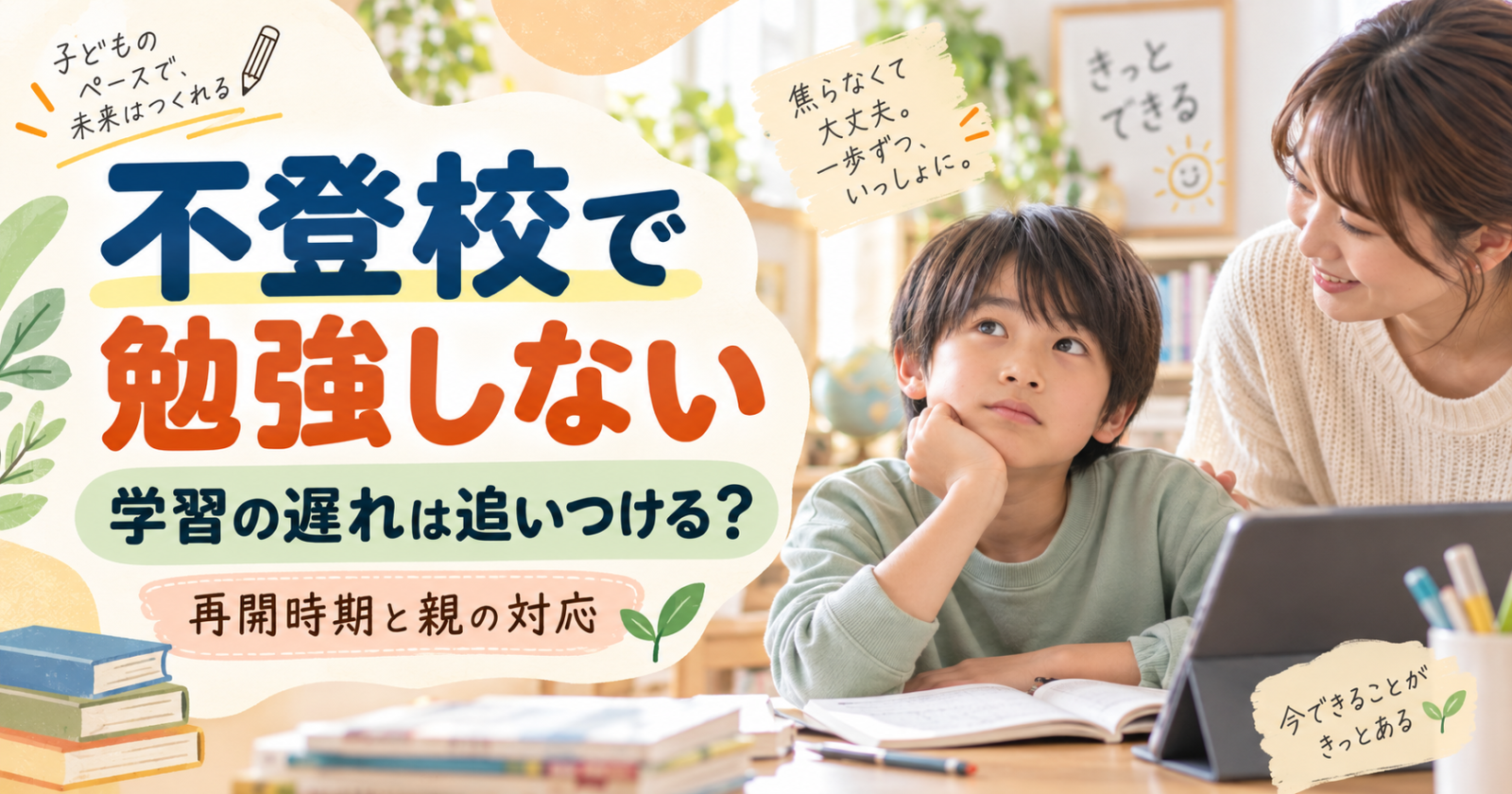 不登校で勉強しない子どもと見守る保護者｜学習の遅れや再開時期を考えるイメージ
