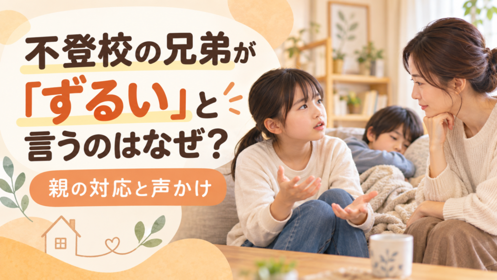 不登校の兄弟が「ずるい」と感じる子どもの話を聞く保護者｜親の対応と声かけを考えるイメージ
