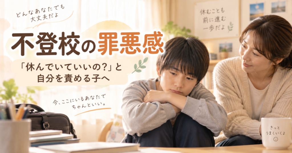 不登校の罪悪感で「休んでいていいの？」と自分を責める子どもに寄り添う保護者のイメージ