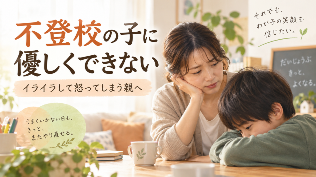 不登校の子に優しくできずイライラしてしまう保護者が、子どもに寄り添いながら向き合うイメージ