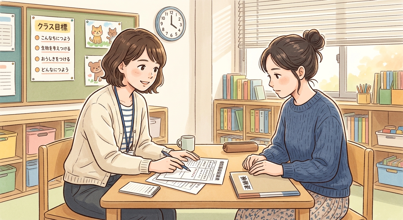 担任と保護者が評価について話し合う面談の様子