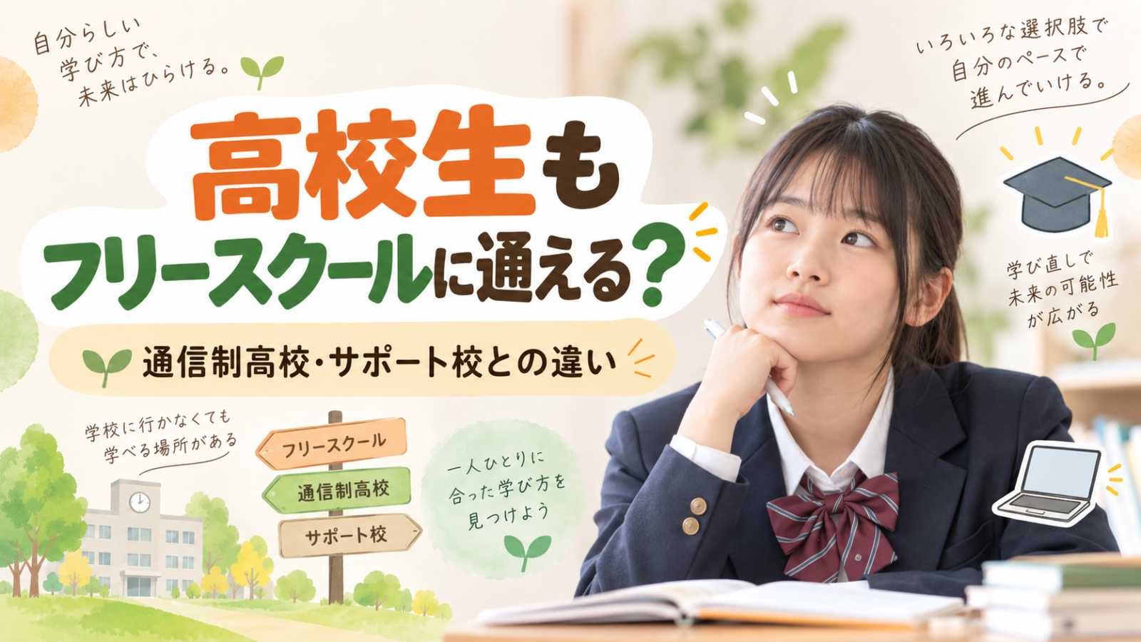 高校生もフリースクールに通える?通信制高校やサポート校との違いを紹介するアイキャッチ画像