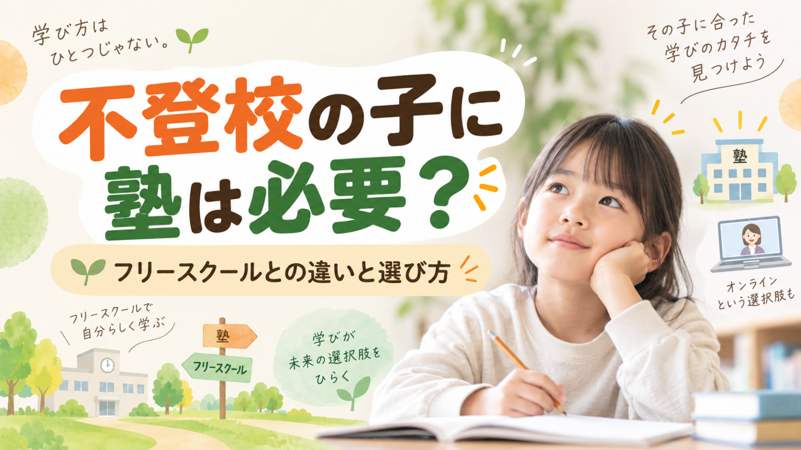 不登校の子に塾は必要?フリースクールとの違いを紹介するアイキャッチ画像