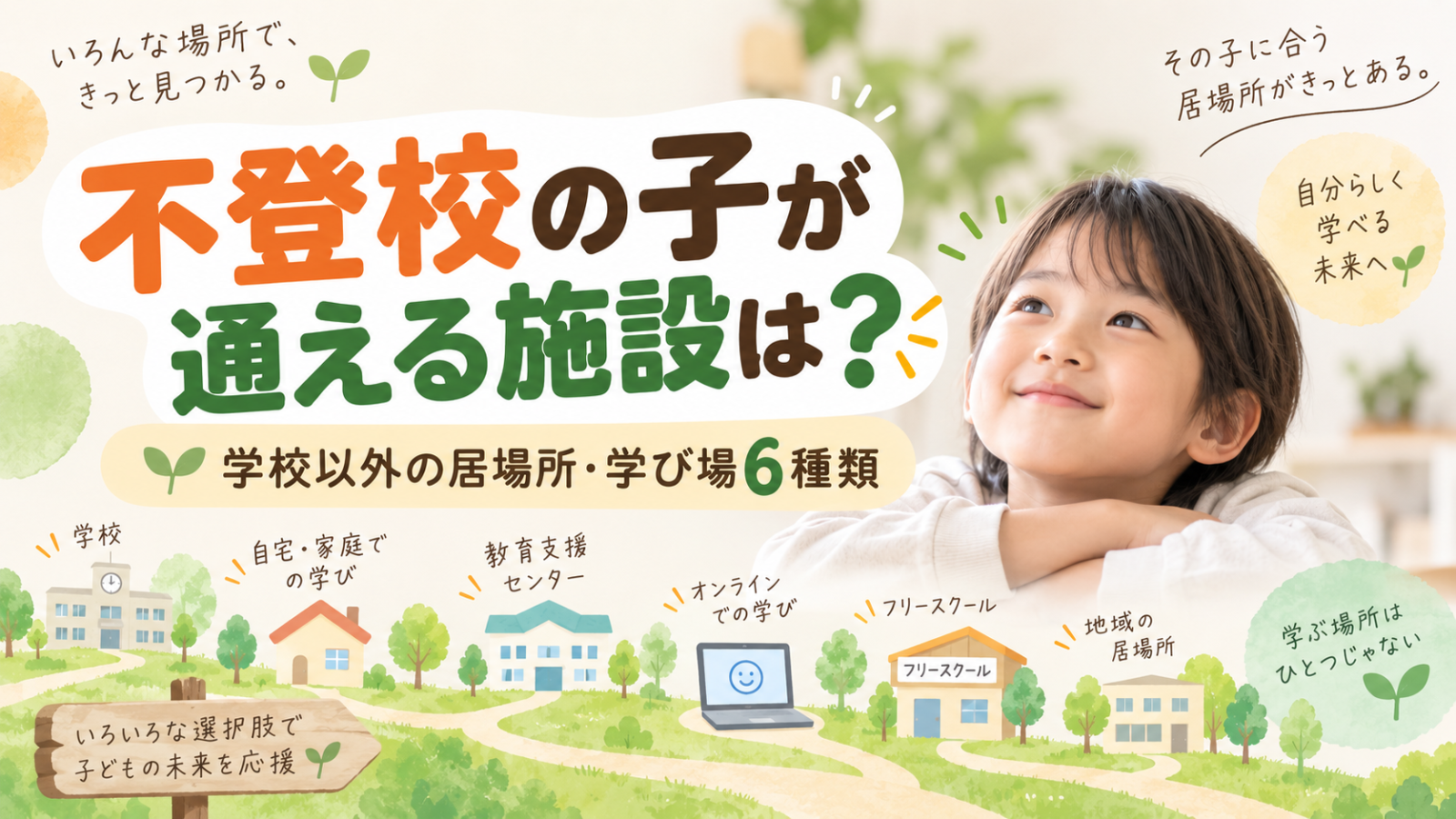 不登校の子が通える施設は?学校以外の居場所と学び場6種類を紹介するアイキャッチ画像